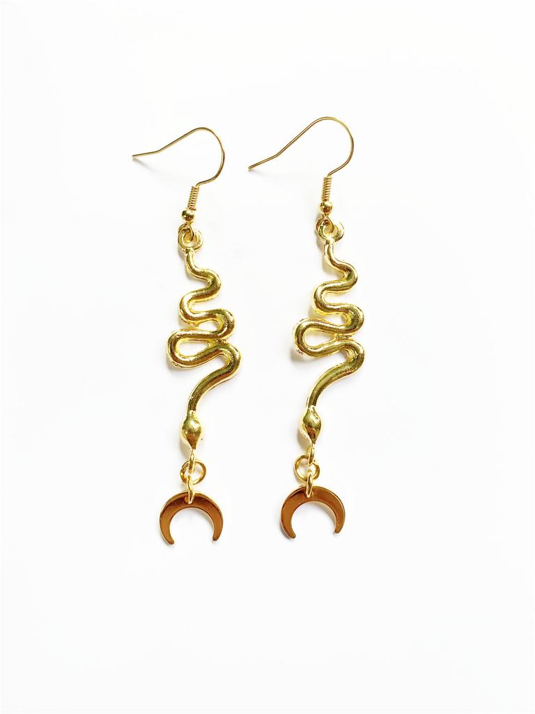Gothic Gold Color Spirit Snake Crescent Moon Pendant Dangle Earrings for Women Hallowmas Party Witch Jewelry Accessories Gifts