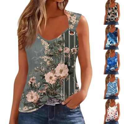 Dames Tanktop V-hals Basic Bedrukt Casual Flowy Mouwloos Diepe Zijsplit Tops Voor Vrouwen