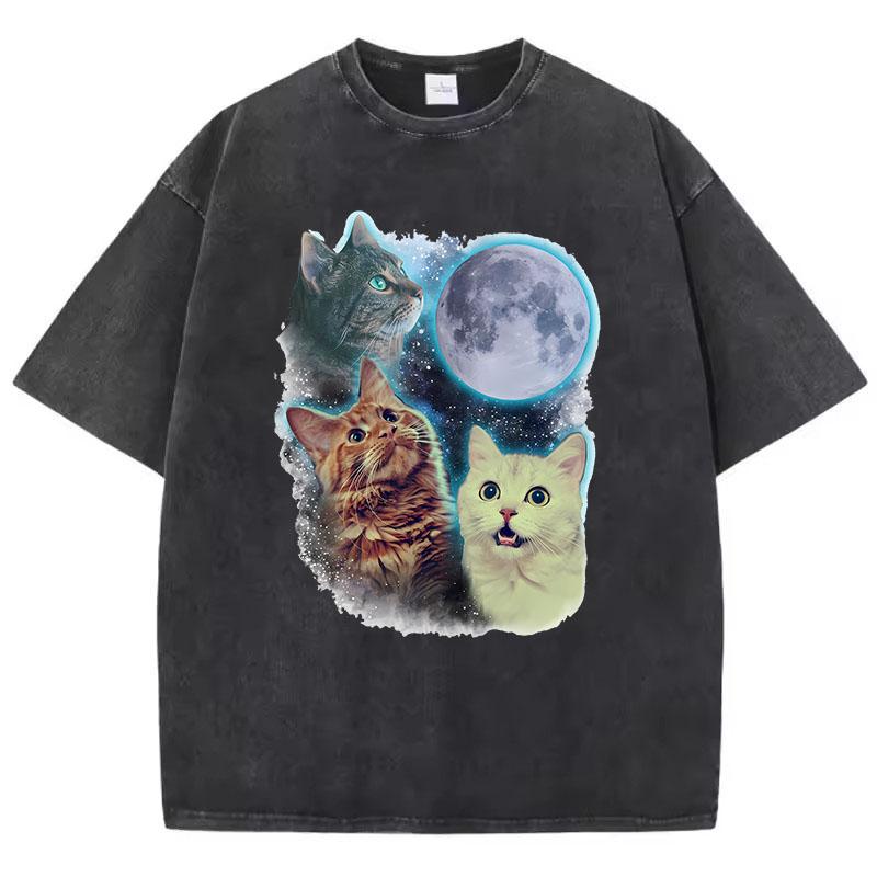 Funny T Shirt Vintage Washed Cotton T-Shirt Cat Moon Star Graphic Tee Casual Streetwear Spring Summer Top