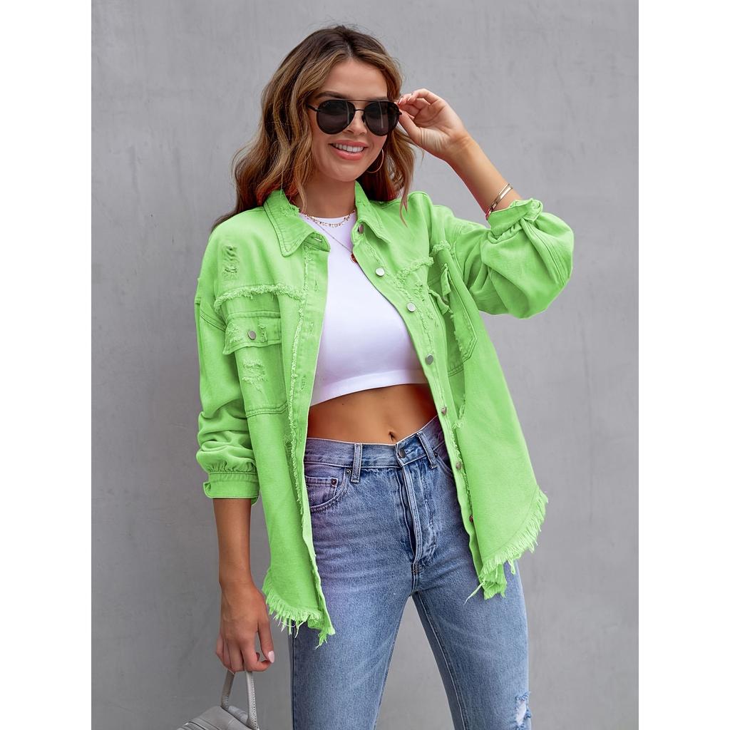 Hip Hop Rough Edges Denim Jacket Ripped Pocket Lapel Long Sleeve Single-breasted Vintage Jeans Jacket Coat Women Spring Coat