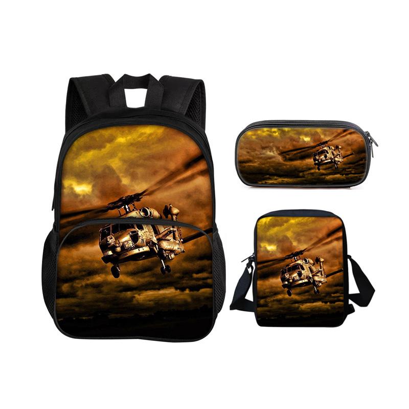 Helicopter Round Front Bag Backpack Pencil Case Shoulder Bag 3Pcs Set Mechanical Printing Best Gift for Boys and Girls In School