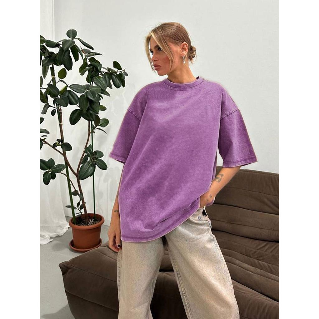 Cotton Retro T-shirt Men Women Vintage Short-sleeve Wax Printing T Shirts Solid Color Hip Hop Loose Tees Plus Size