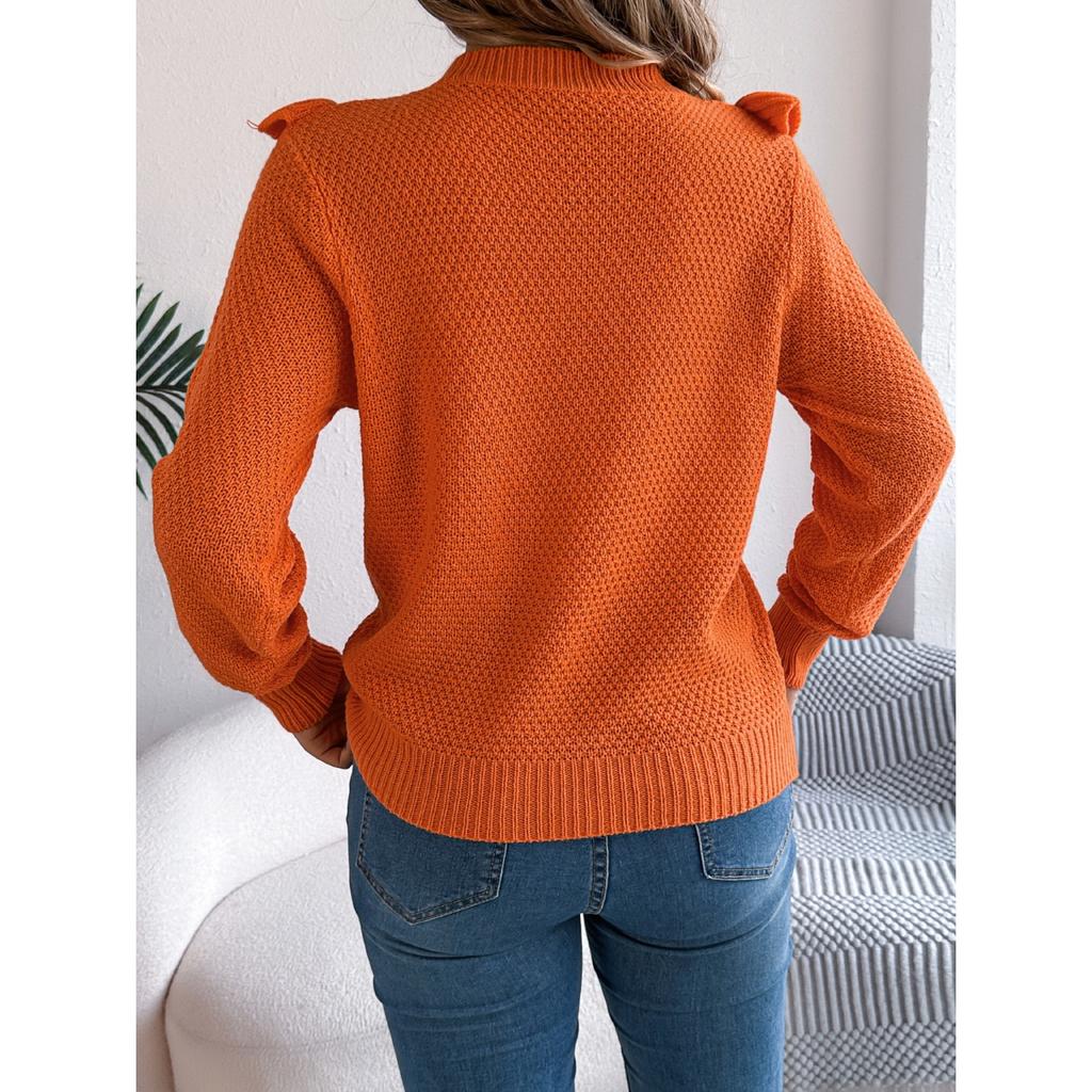 HNXC Elegant Solid Color Ruffled Long-sleeved Pullover Sweater for Women's Autumn and Winter