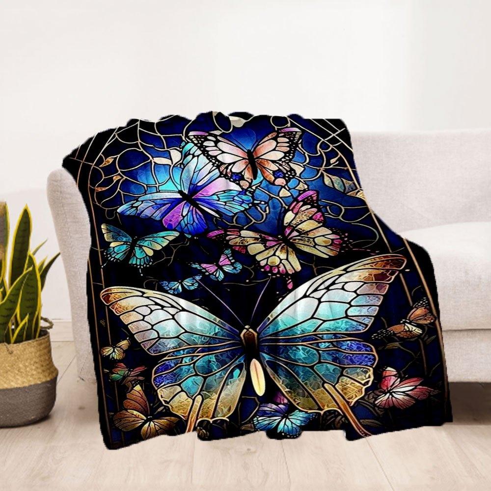 "Stained Glass Butterfly Window Art Decor"Blanket Flannel Throw Blanket for Sofa, Bed, Travel, Camping, Office, Couch, Chair, And Bed Gift f