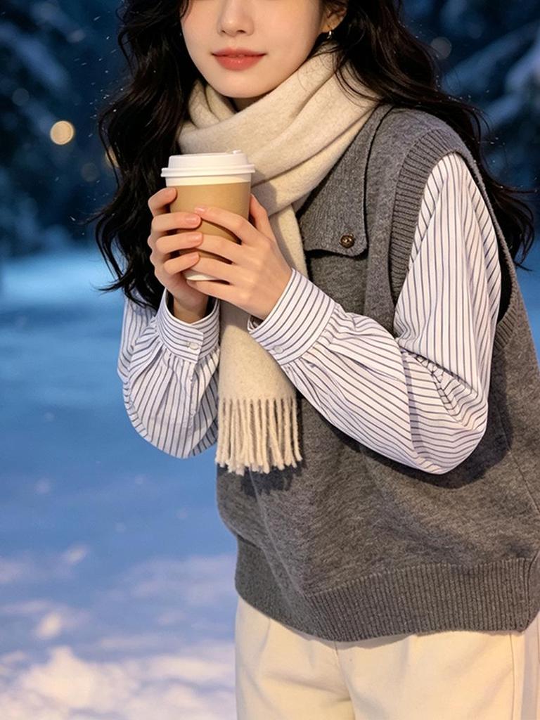 Gray Striped Knit Sweater with Spliced Lapel - Women's Loose Fit, Long Sleeve, Two-in-One Design for Autumn/Winter