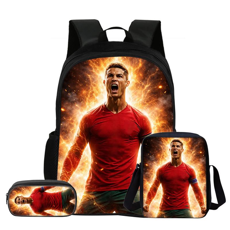 Set de 3 Piezas para Niños Mochila Estrella de Fútbol Estudiante Bolso de Hombro Escolar Bolsas para Lápices Ronaldo Mochila Escolar CR Mochila Mejor Regalo