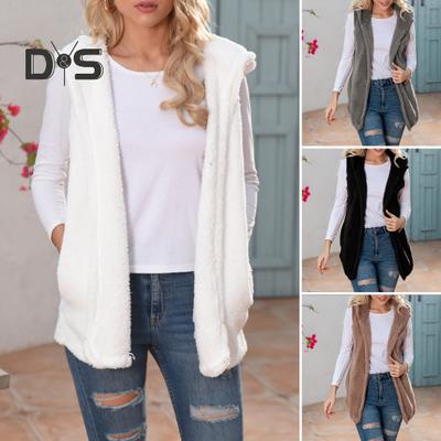 Women Winter Vest with Hood Mid Length Cardigan Faux Fur Waistcoat Solid Color Sleeveless Thick Keep Warm Coat for Daily Wear Outdoor