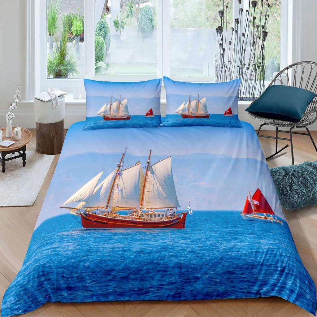 Pirate Duvet Cover Set Queen Sailboat Comforter Set Nautical Ocean Bedding Set Cool Style Quilt Cover Wave Print Decor Bedspread