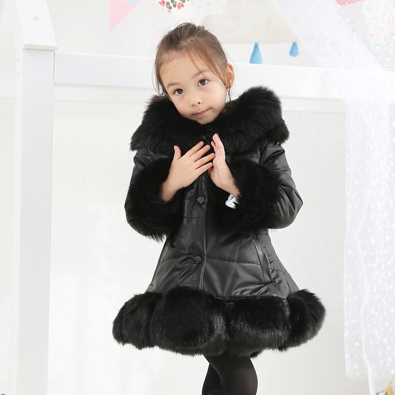 Winter Kids Girls PU Patchwork Faux Fur Collar Down Jacket Coat Children Thick Warm Hooded Parkas Outerwear