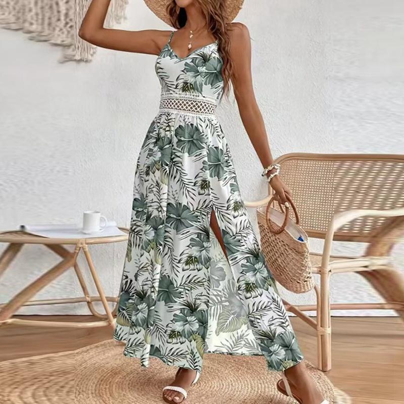 Women Summer V-Neck Elegant Print Resort Style Dress Slip Long Dress