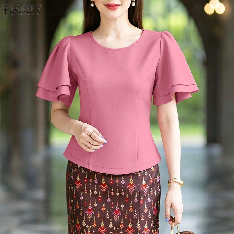 ZANZEA Women Casual Round Neck Solid Color Ruffles Short Sleeve Blouse