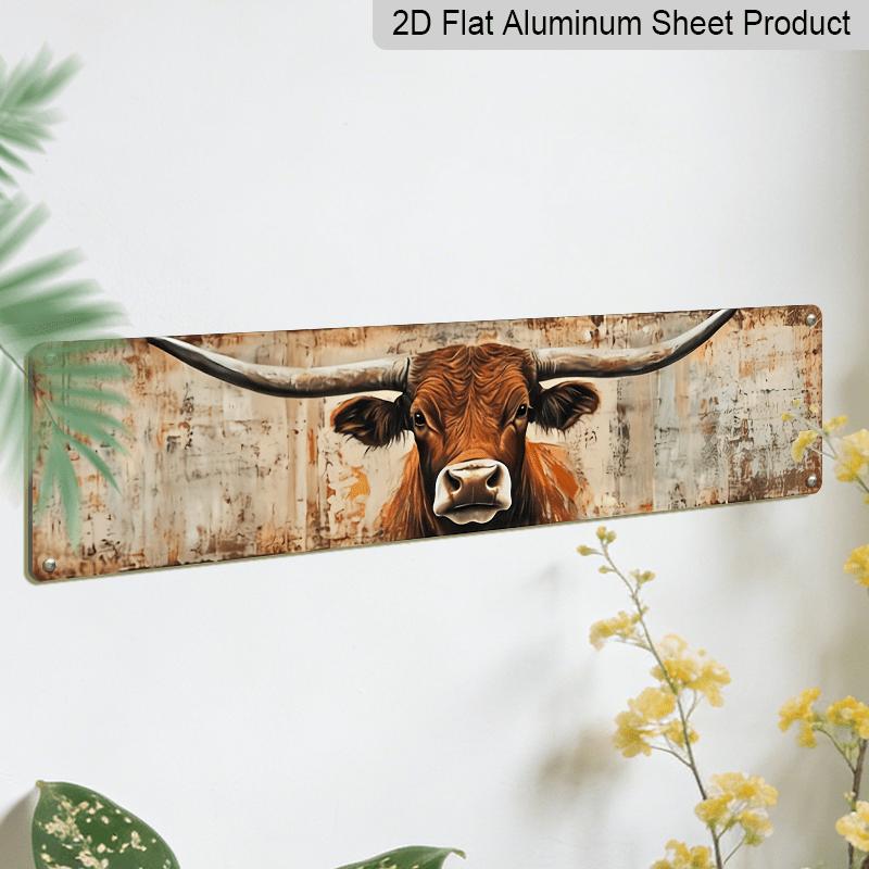 2D Flach - Retro Longhorn Metallwandschild - Langlebiges Westliches Ranch Aluminium Dekoratives Schild, 3,93 x 15,74 Zoll, Bauernhaus Stil Büro Zuhause Hängend
