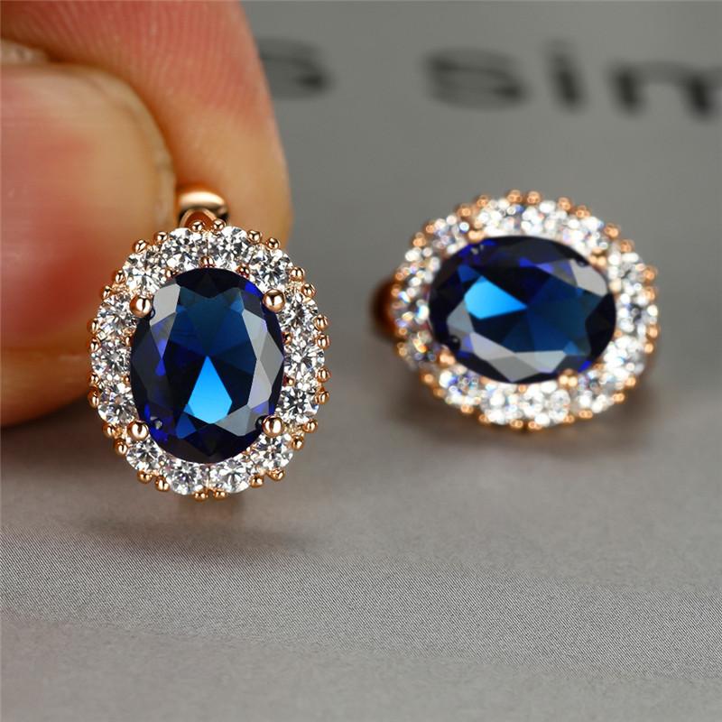 Delikatne kryształowe kolczyki ślubne owalne modne damskie czerwone cyrkonie Vintage różowe złoto kolor biżuteria ślubna dla kobiet