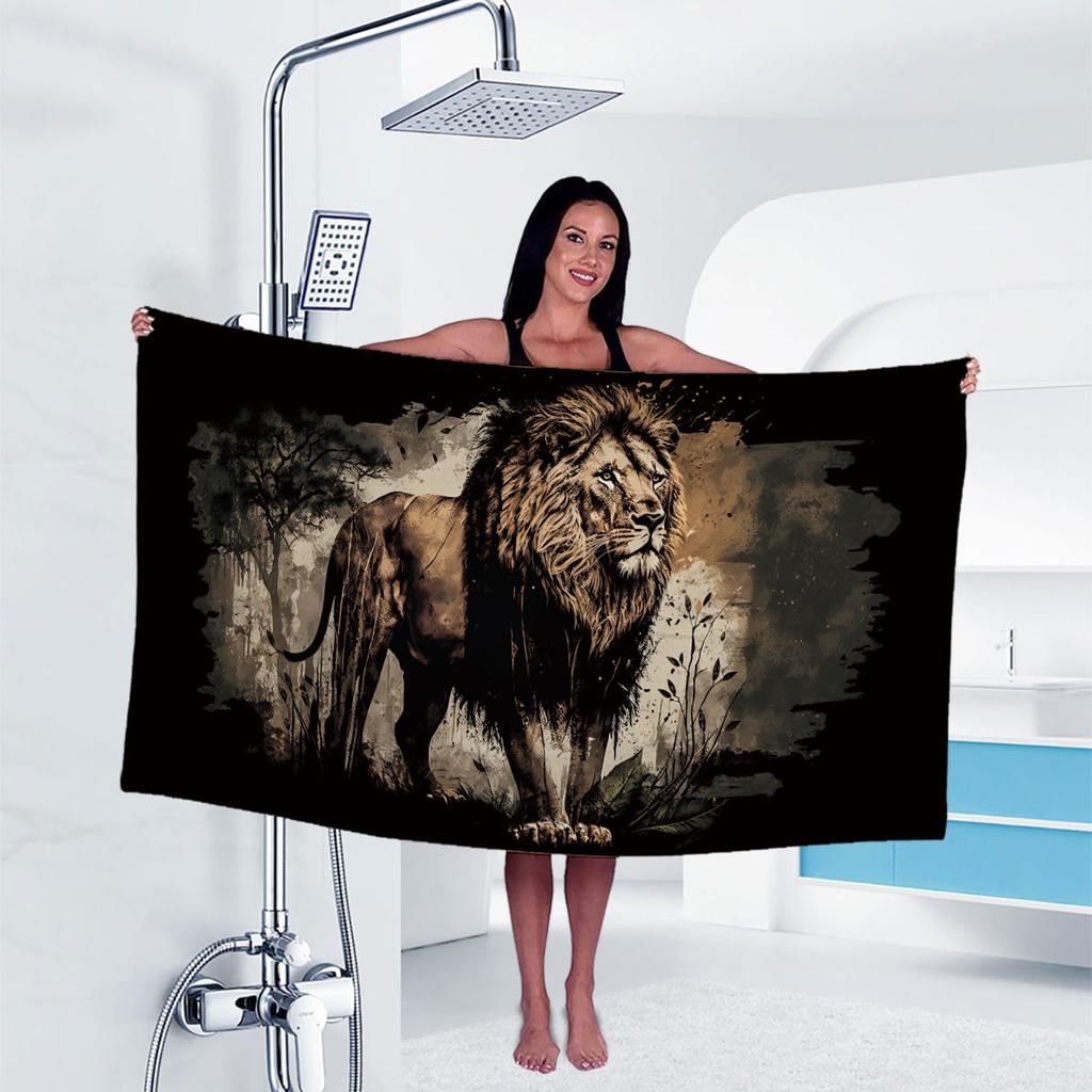 1Pc Lion Print Towel Sports Quick-Drying Super Absorbent Camping Towel Super Soft Lightweight Gym Swimming Yoga Beach Towel