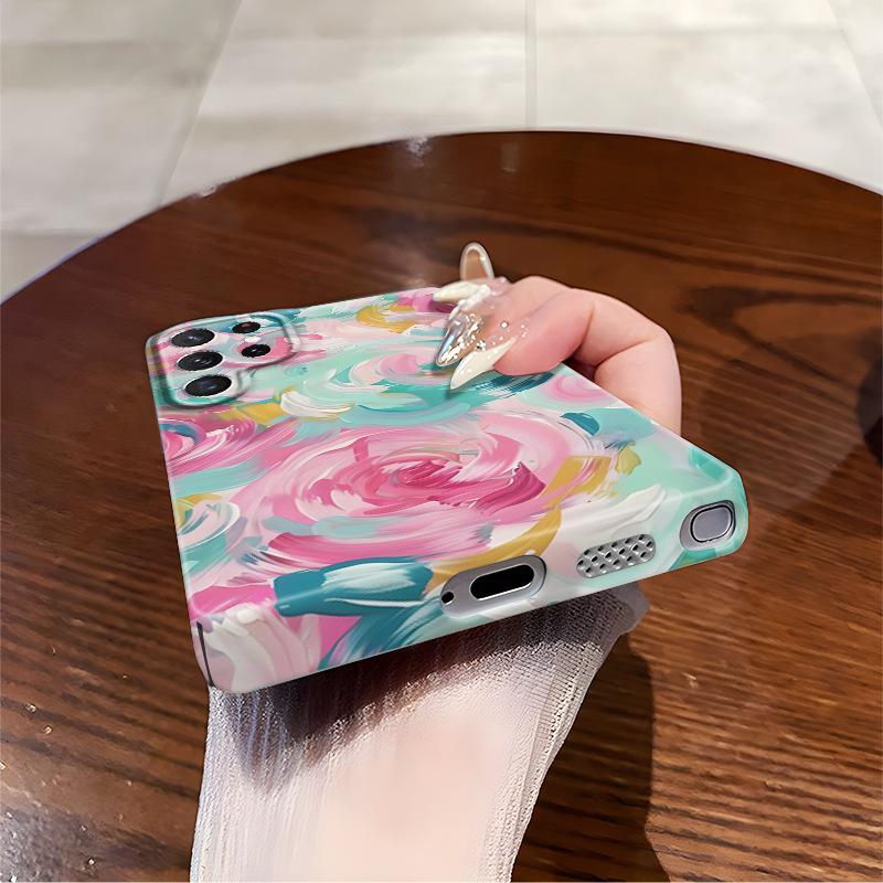 Pink Watercolor Style Literary and Artistic Application Samsung S24 + Mobile Phone Case S22ultra Heat Transfer Ultra-thin Fine Hole Film Case