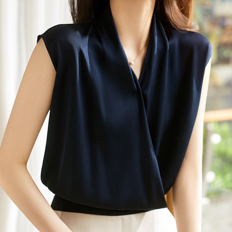 Chiffon Shirt for Women Short-sleeved New Summer Fashionable Overlapping Temperament Small Shirt Solid Color Sleeveless Top for Women Design
