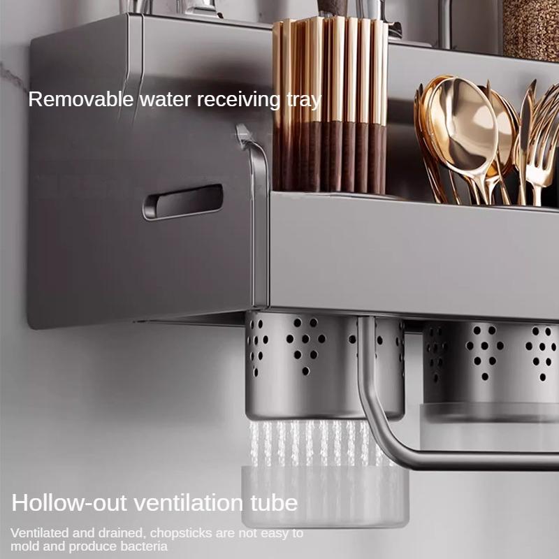 Multifunctional Seasoning Rack Knife Holder W Hook Kitchen Chopsticks Storage Household Hanging Wall-mounted Shelf  No Punching