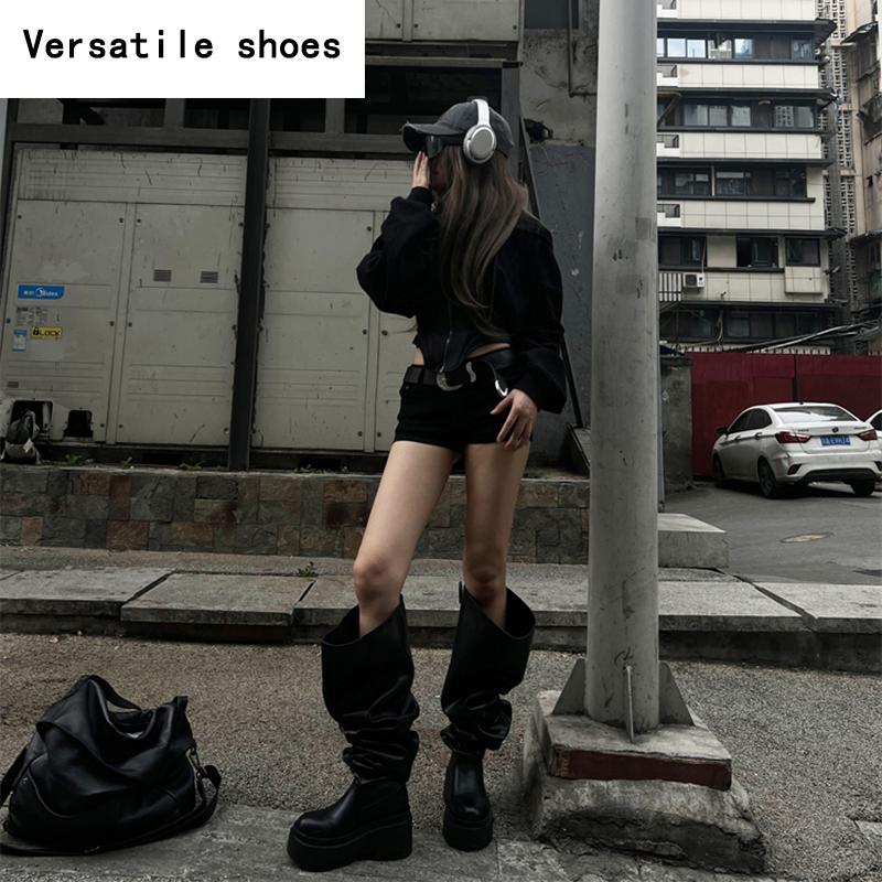 Winter Chunky Women Knee High Boots Fashion Slip On Pleated Long Booties Square Heels Party Dress Ladies Shoes