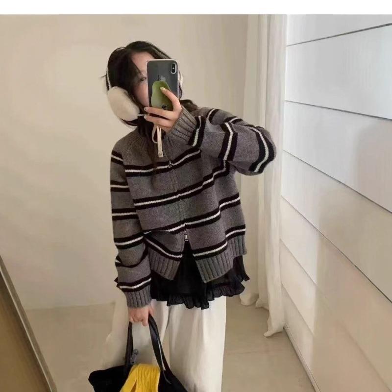 Lazy striped knitted cardigan women's autumn and winter new loose and thin versatile double zipper sweater jacket