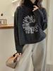 2024 European Style High Neck Sunflower Wool Knit Sweater for Women - Soft, Fluffy Autumn/Winter Arrival