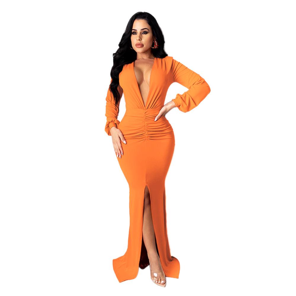 Solid Color V-Neck Slim Sexy Women's Evening Gown