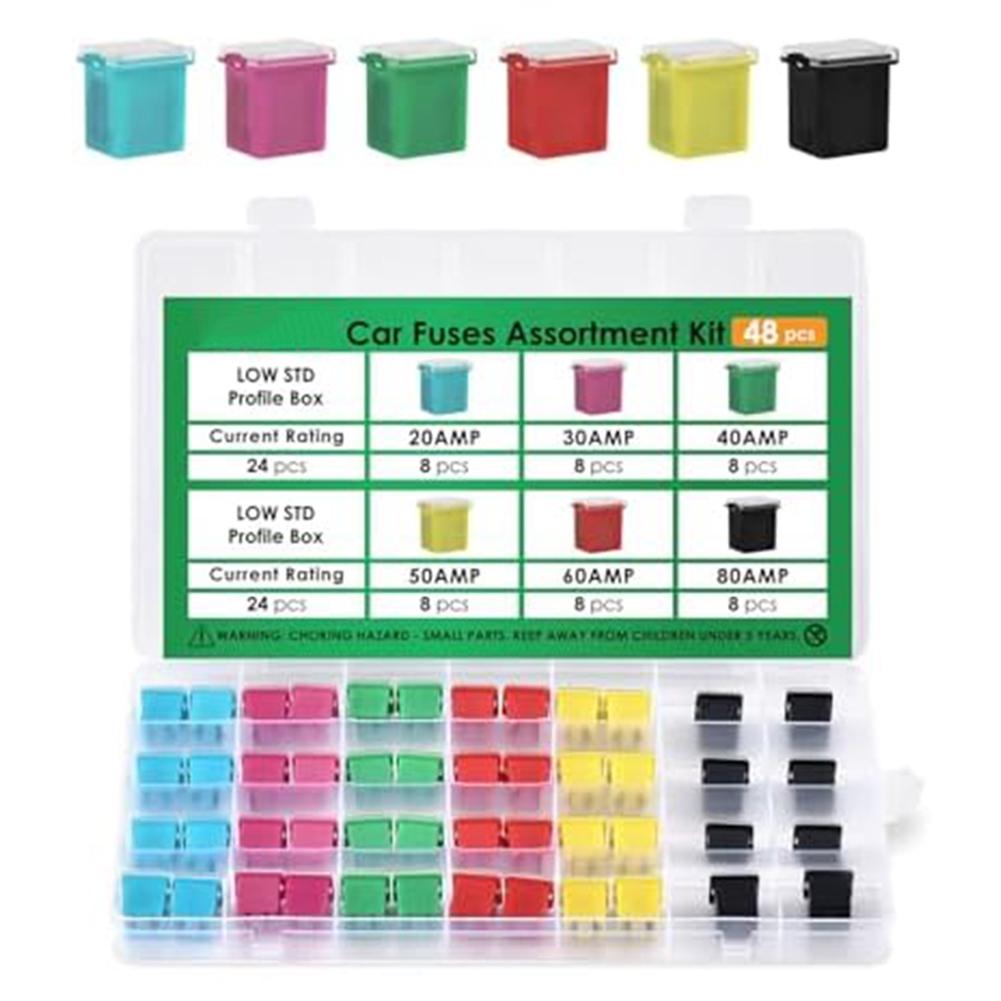 48 Piece Low Profile Box Fuse Assortment for Cars Trucks SUVs Motorcycles Boats 20A 30A 40A 50A 60A 80A Automotive Electrical Short