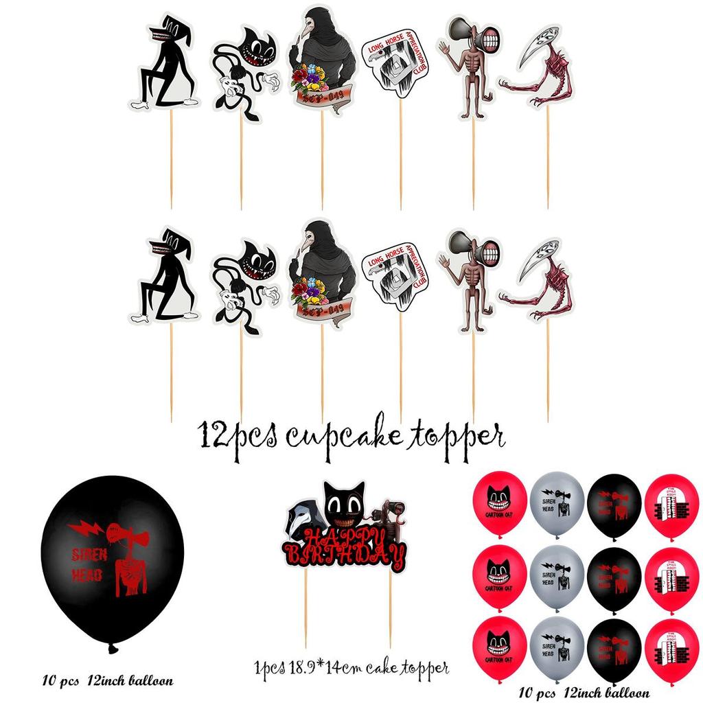 Festive Siren Head Cartoon Cat Horror Theme Birthday Party Decor Kit With Banner