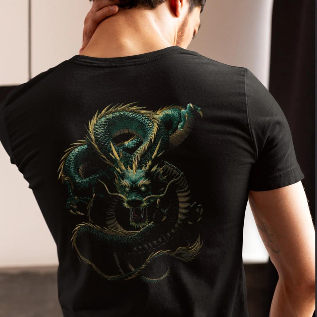 Green Dragon Unisex t-shirt - Japanese-inspired dragon - image on shirt back