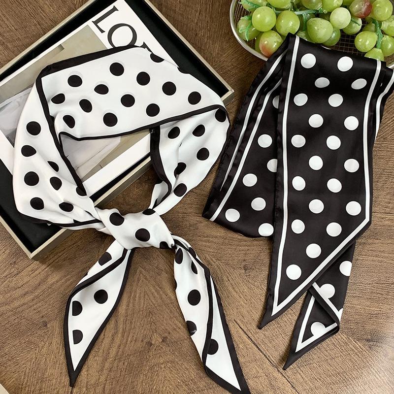 Polka dot silk scarf, long strip, high-end and versatile decorative scarf, new imitation silk scarf, headscarf, headband, bag strap.