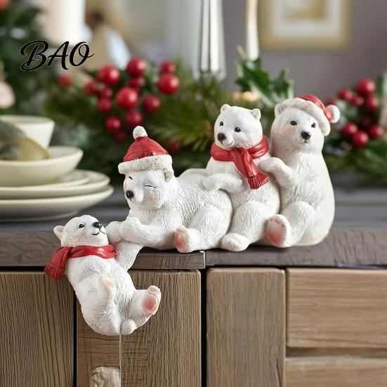 Nordic Style Hanging Decor Resin Polar Bear Ornament, White Figurine with Hat And Scarf for Seasonal Home Interior Accents Christmas Holiday