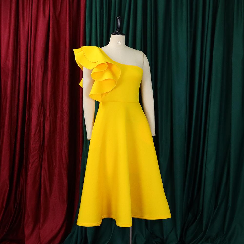 YYFS Women's Fashion Summer Spring Solid Color Print Sleeveless Oblique Collar High Waist Casual Dresses