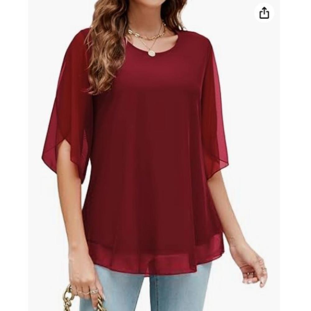 

Летний повседневный свободный пуловер двухслойный однотонный рукава-клеш короткой и средней длины шифоновые женские блузки и рубашки XXL бордовый
