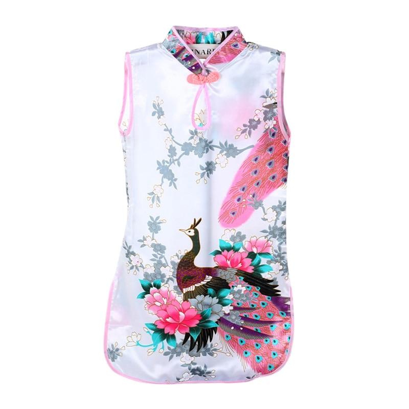 

Летнее детское китайское платье Cheongsam без рукавов с принтом павлина для девочек 12