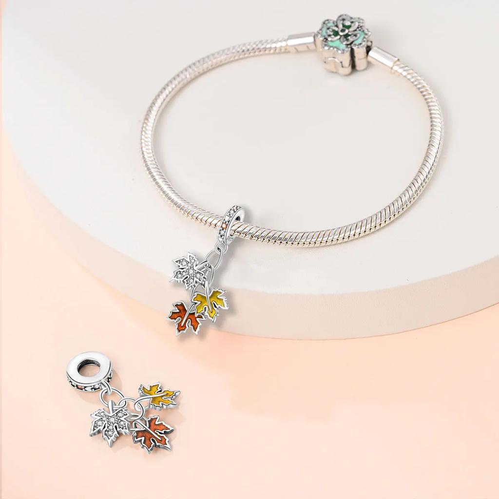 Charms Plata Copper Colors Autumn Series Maple Leaves Charm Beads Fit Original Bracelet Diy Fine Jewelry Gift For Women