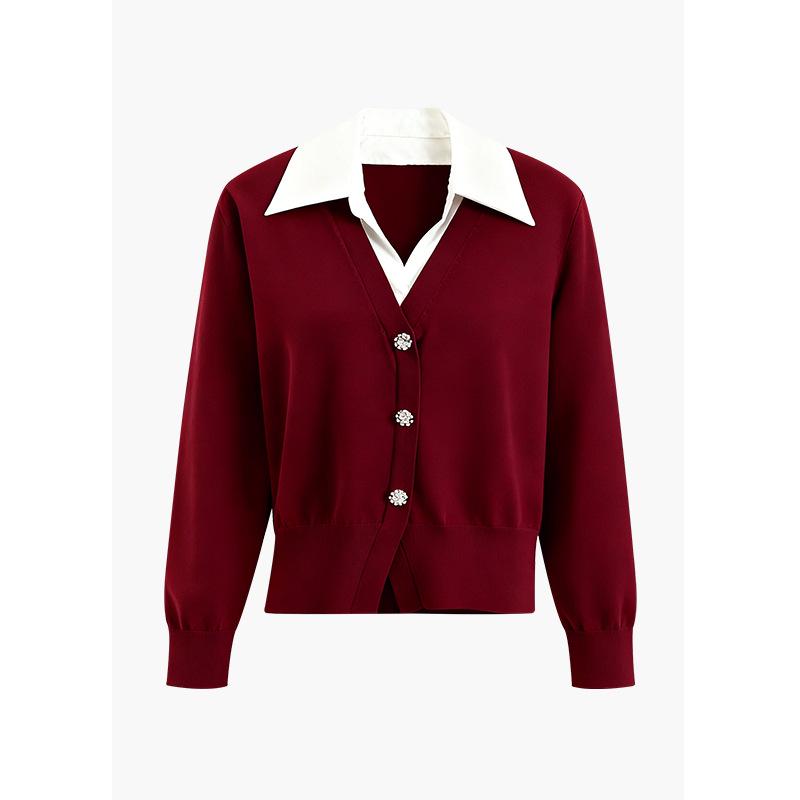 

Женский трикотажный топ-поло с цветными блоками, имитирующий двойку - С длинным рукавом, Осень 2025, Повседневный и элегантный. XXL красный