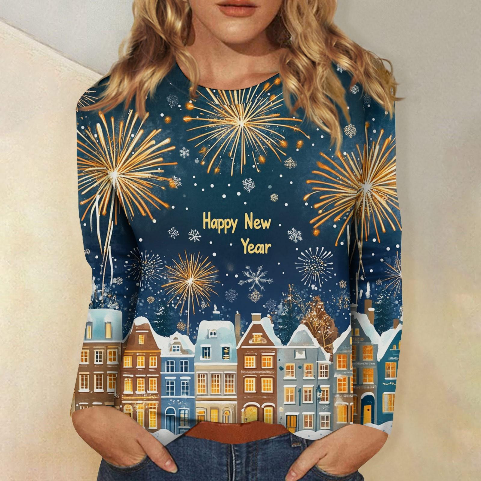 

Женский повседневный модный сексуальный удобный рождественский принт с круглым вырезом и длинными рукавами XXL синий