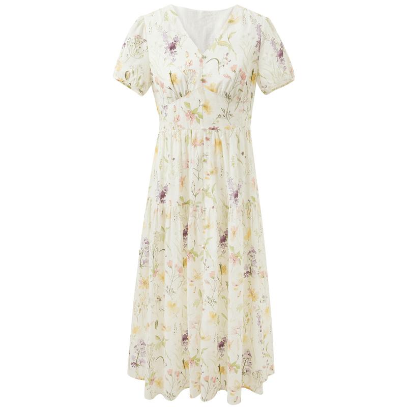 

SANCAI 100% Cotton V-Neck Floral A-Line Maxi Dress L 165/88A