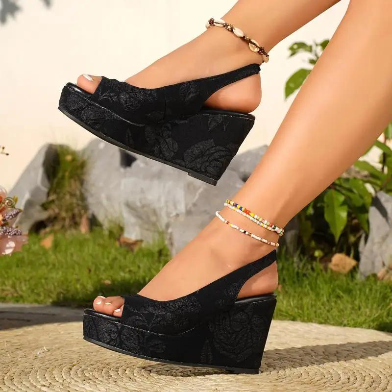 Rose Print Peep Toe Sandals Women 2025 Summer Wedge Heels Back Strap Shoes Women Soft Sole Non Slip Beach Sandals