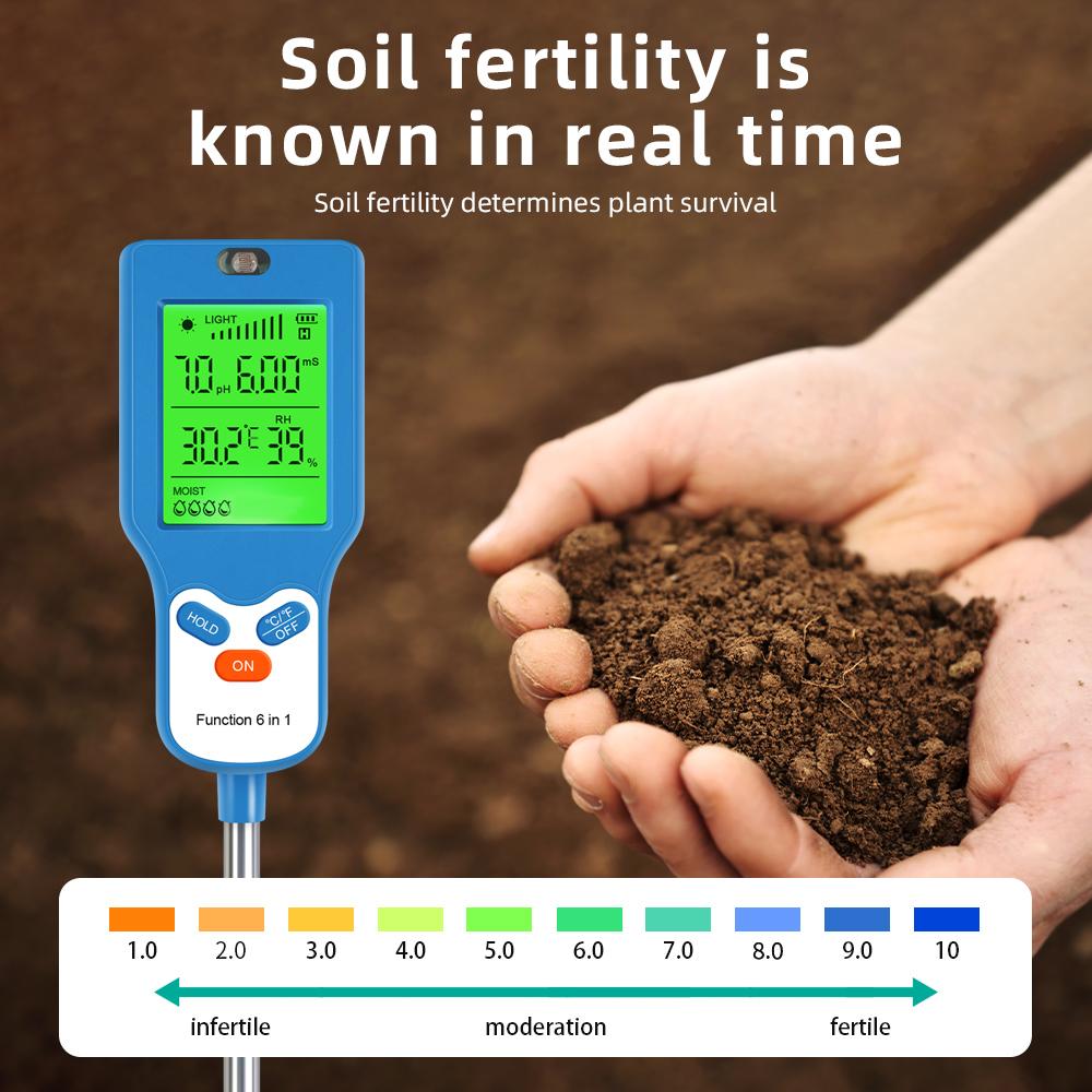 90° Rotation Soli Detector 6 In1 Soil Tester Sunlight Fertility Humidity Temp Soil Moisture PH Meter for Pot Planting Greenhouse