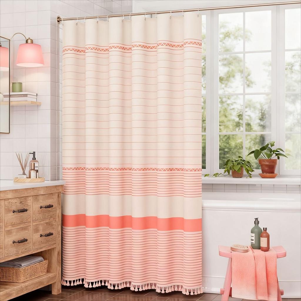 Simple Tassel Striped Bathroom Curtain – Printed Bamboo Joint Fabric, Privacy Shower Partition, Waterproof & Heavy Duty (Hooks Included)