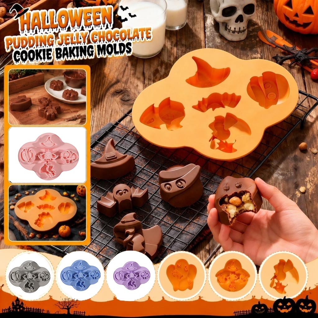 Silicone Halloween Baking Mold Set for Pudding Jelly Chocolate Cookie Candy Making with Five Themed Cavities for Kitchen Use