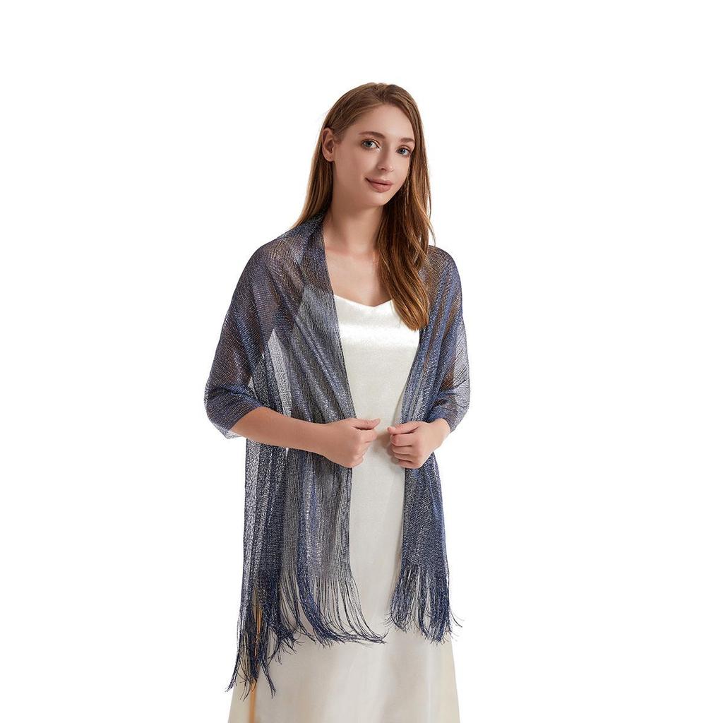 Damen Abend-Schal mit Gold- und Silberfäden und Quasten, Umhang-Design, Leicht mit Trägern, Ausgeschnittenes Bolero-Style.