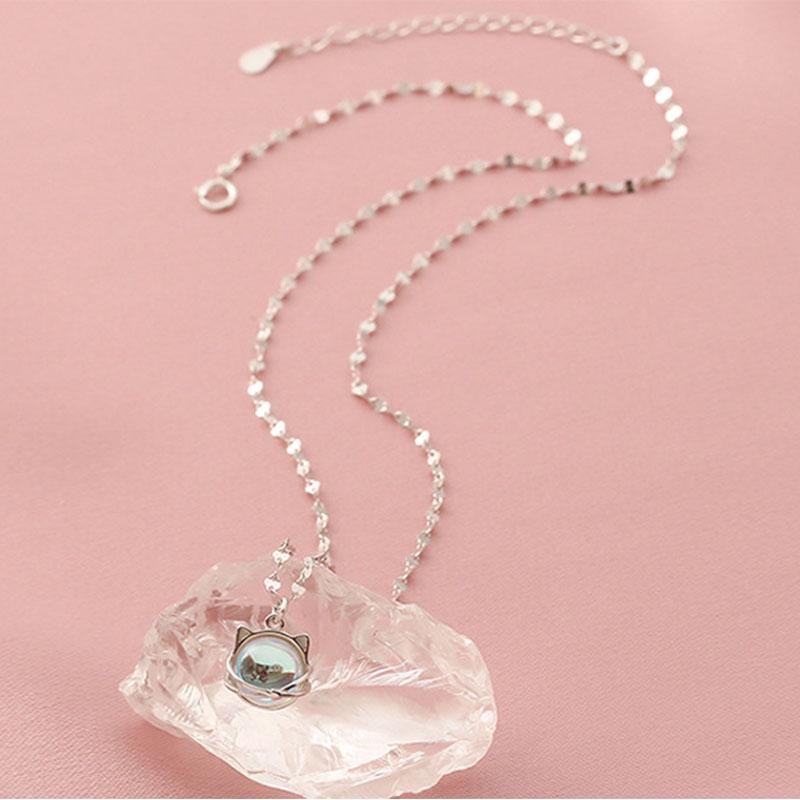 VENTFILLE 925 Sterling Silber Farbe Aurora Katze Halskette Damen Temperament Süß Mondstein Miau Planet Schlüsselbein Kette Schmuck Geschenk
