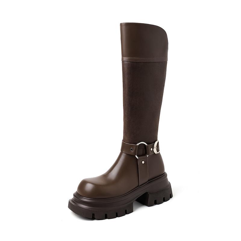 6CM British style fashion thick-soled high boots 2025 autumn and winter new round head thick heel but knee knight boots