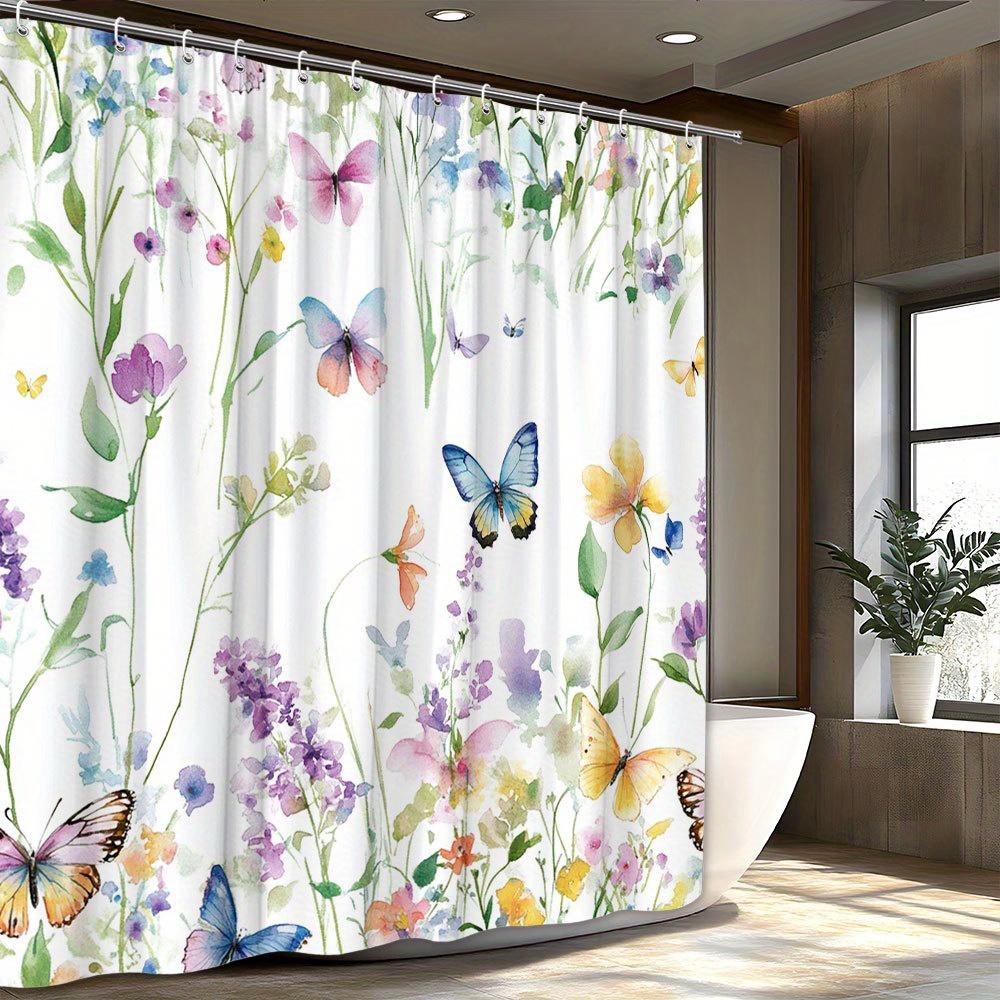 1pc Floral & Butterfly Watercolor Shower Curtain, Soft Polyester, Machine Washable, Fashion Theme, All-Season,  Vibrant Design
