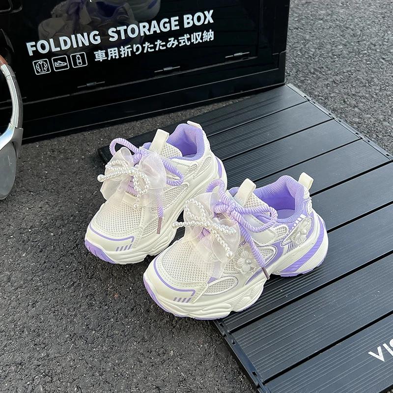 

Girls Running Shoes Sweet Beading Bow Kids Sneakers Soft Sole Non-slip Autumn New Children Princess Casual Shoes Breathable 37 фіолетовий