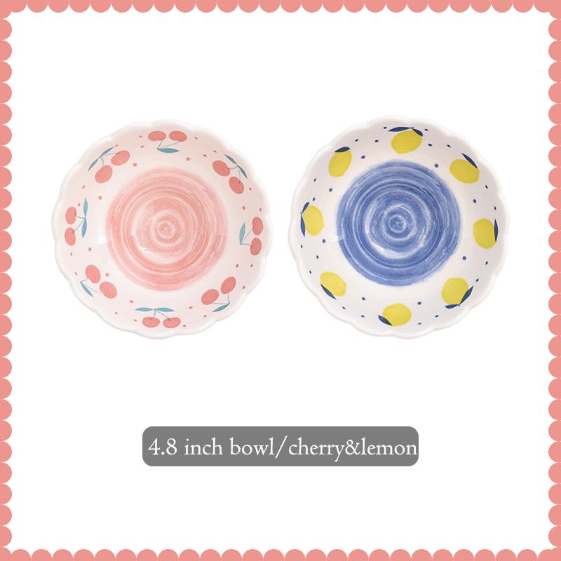 4.8 INCH Lovely Kids Bowl Ceramic Cherry Design Rice Ice-cream Bowl Dessert Serving Bowl Baking Tray 2 pieces