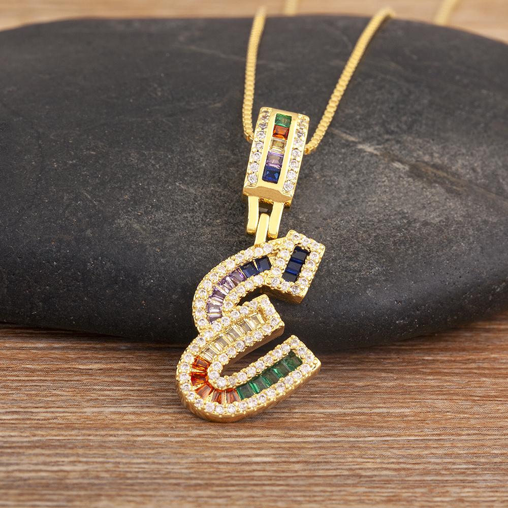 Nidin Simple Fashion 26 A-Z Letters Alphabet Rainbow Cubic Zirconia Pendant Necklace For Women Men Hip-Hop Style Copper Jewelry
