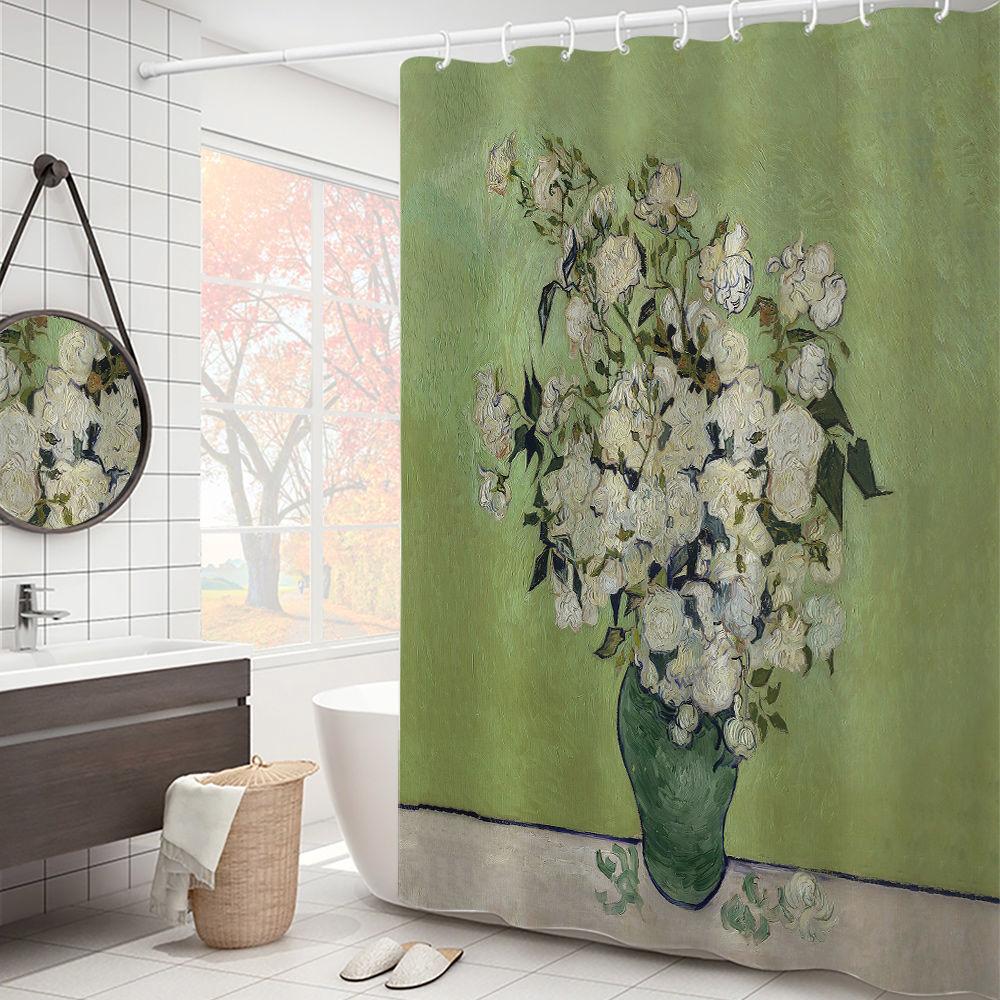Van Gogh Starry Night Shower Curtain Oil Painting Abstract Art Blue Sky White Cloud Star Moon Scenery Bathroom Decor With Hooks