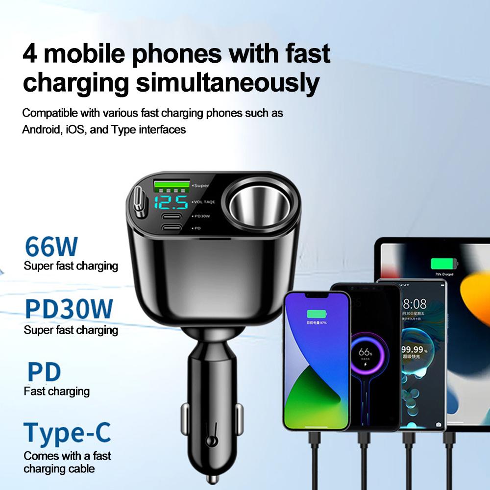 5-Port Autoladegerät mit einziehbarem Typ-C-Kabel PD Schnellladung Superschneller Handy-Autoladeadapter für Xiaomi Samsung Huawei